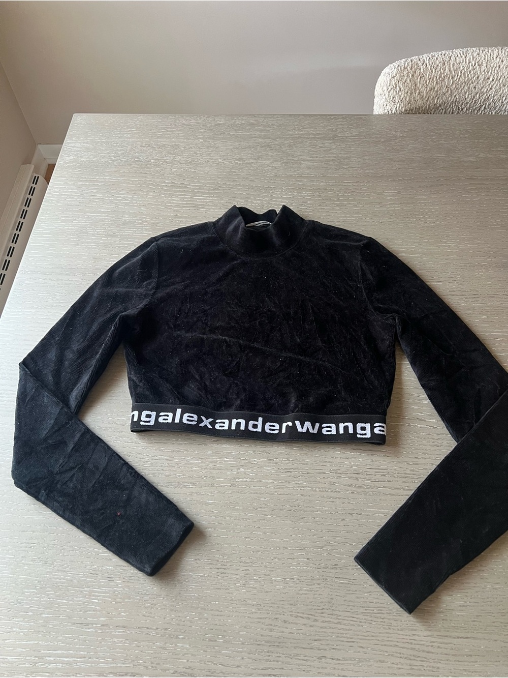 Alexander Wang Black Long-Sleeve Cropped Top with Logo Hem